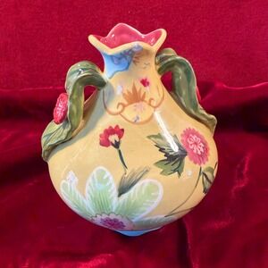 Tracy Porter Hand Painted Ceramic Floral Vase Yellow Pink Green Leaf Handles 5.5